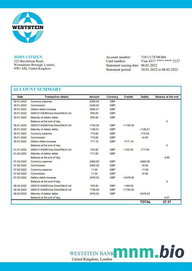 Wielka Brytania Virgin Money statement, 3 strony